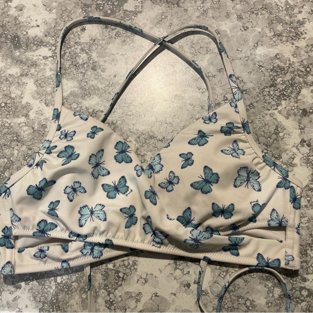 PINK Victoria's Secret White Bikini Top with Blue Butterfly Print